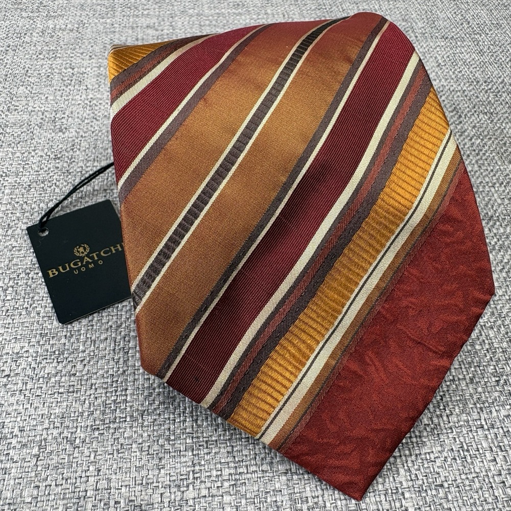 Bugatchi Uomo Mens Silk Tie Made in Italy Striped Burgundy Gold Orange Woven
